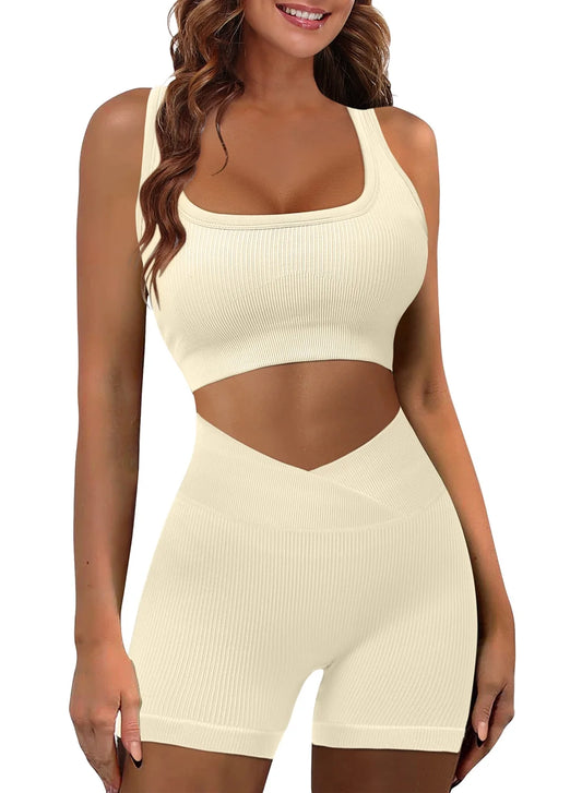 Seamless Ribbed 2-Piece Active Set – Crop Top & High-Waist Shorts