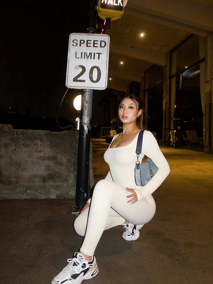 Women Workout Seamless Jumpsuit Yoga Ribbed One Piece Long Sleeve Leggings Romper