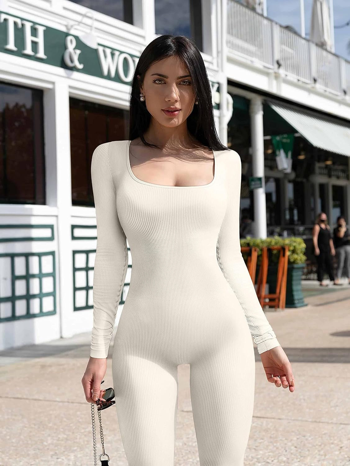 Women Workout Seamless Jumpsuit Yoga Ribbed One Piece Long Sleeve Leggings Romper